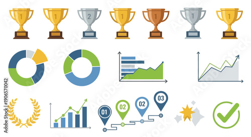 Collection of assorted trophies and business graphics icons displayed on a clean white background, imagefx_e4bqey concept illustration