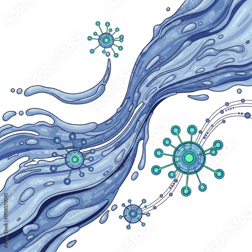 Blue Virus Particles Flowing in Water Stream with Splashes Isolated on White Background