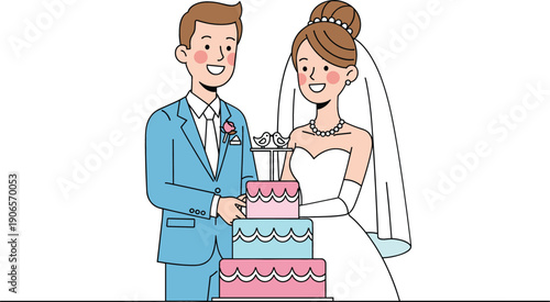 Happy newlywed bride and groom in traditional wedding attire cutting a three-tier pink and blue cake during a celebratory wedding reception.