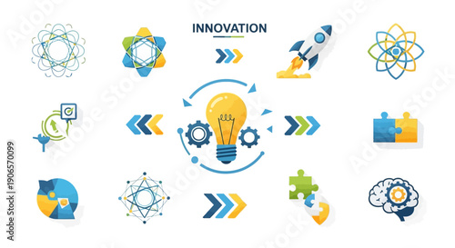 Innovation icons set with lightbulb and gears in modern design, showcasing technology and creativity in a digital illustration