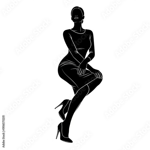 Fashionable Woman Posing in High Heels on White Background, Silhouette Illustration