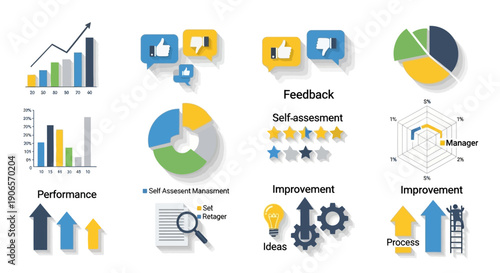 Collection of business graphics and charts illustrating performance and improvement from various viewpoints
