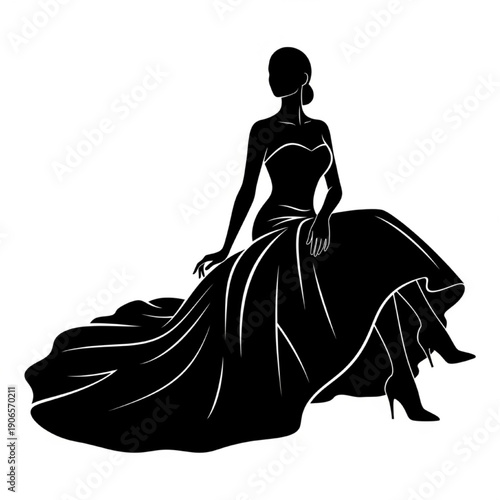 Elegant Woman in Black Evening Gown Silhouette Isolated on White