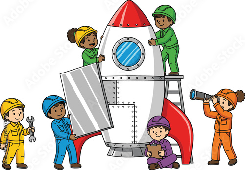 Group of diverse children engineers in hardhats and jumpsuits working together to build a space rocket representing teamwork STEM education startup and future innovation.