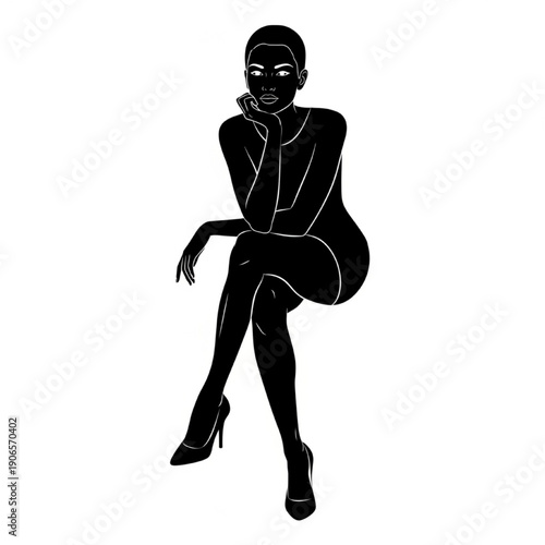 Beautiful Black Woman Sitting Elegantly in High Heels, Isolated on White Background