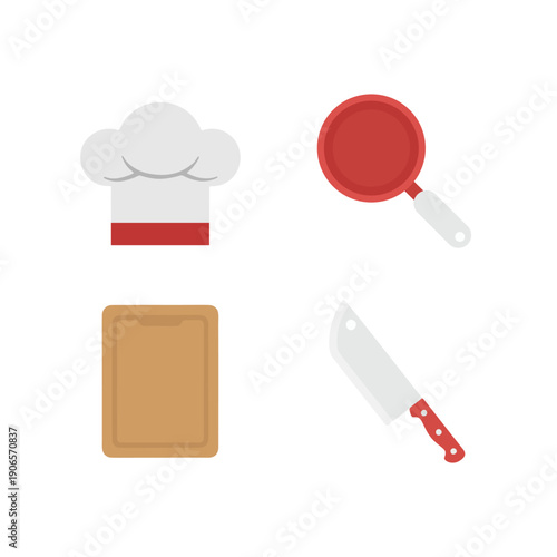 Culinary school icons featuring chef hat frying pan cutting board and knife for cooking class.