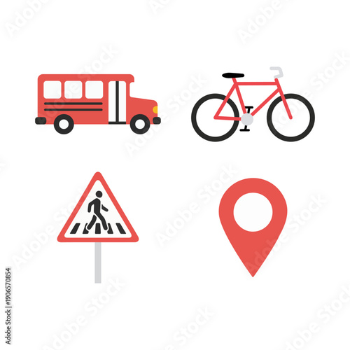 School transportation icons featuring bus bicycle pedestrian sign and location pin.