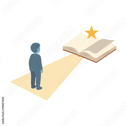 Small person looking at a giant open book with a glowing star representing big ideas.