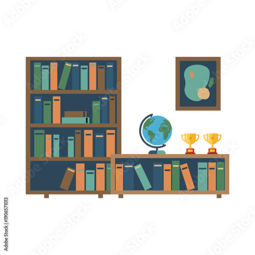 Modern library interior with bookshelf globe trophy and painting on wall cozy design.