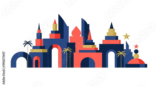 Vibrant fantasy cityscape with majestic towers and palm trees