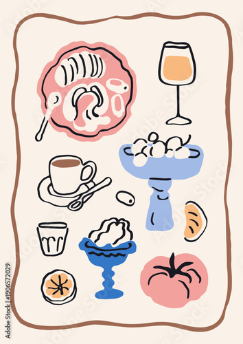 Food and drink, doodle card in Dolce vita Italian style. Coffee cup, wine in wineglass, snacks in abstract kitchen composition. Sketch scribble drawing, poster design. Flat vector illustration
