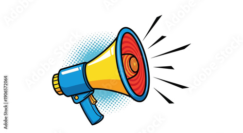 Colorful cartoon megaphone with motion lines on white background