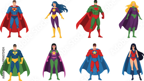 Flat vector illustration of diverse young men and women standing together wearing casual and formal clothes while showing greeting gestures and okay sign.