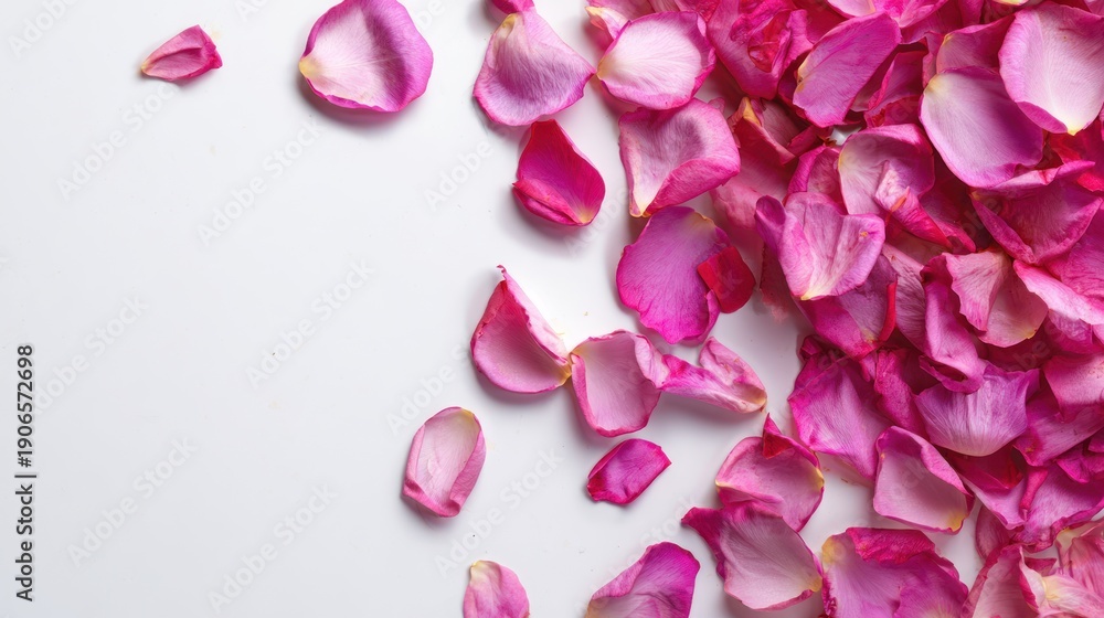 Fototapeta premium Pink rose petals scattered on a white surface.
