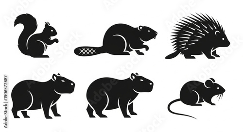 Collection of six different rodent animal silhouettes.