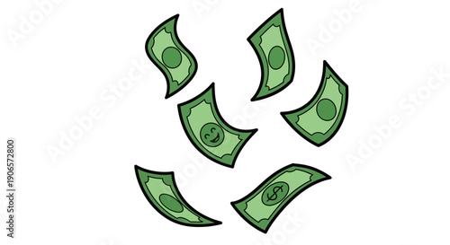 Cartoon illustration of green dollar bills falling against a white background.