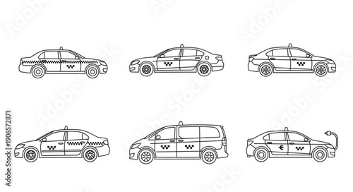 Collection of six different taxi car illustrations in black and white.
