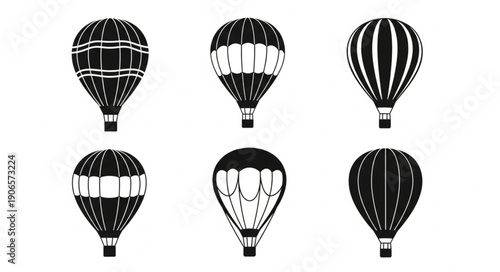 Collection of six hot air balloon illustrations in black and white.