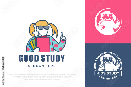 Kids Graduation Logo with Woman design . vector illustration