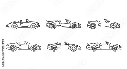 Collection of six sports car line drawings in black and white.
