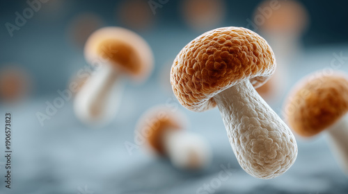 Microscopic Mushroom Marvel: A captivating image showcasing the intricate details of a single mushroom, with its textured cap and delicate stem, against a blurred backdrop