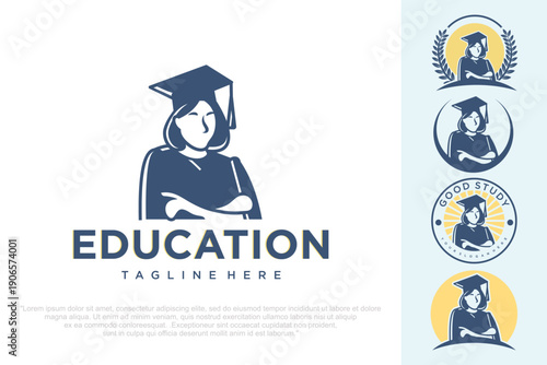  Graduation Logo with Woman design . vector illustration