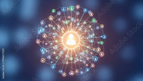 Digital Network Connection with Central User Icon and Connected Avatars.