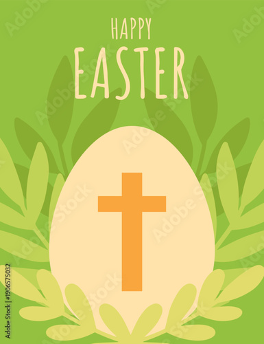 Easter greeting card with egg decorated Christian cross on green background. Spring illustration for religious holidays, greeting cards, posters and social media
