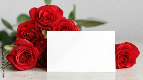 A bouquet of red roses with a blank card in front of them.
