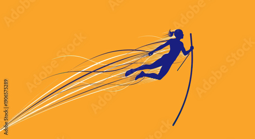 Dynamic Silhouette of Pole Vaulter Leaping Over Bar with Streaks on Orange Background