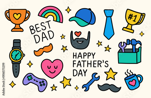 Hand drawn Father’s Day icon set with cute, playful symbols and lettering. Perfect for greeting cards, stickers, posters, social media posts and festive designs