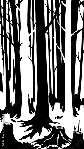 Deforestation and dead forest silhouette background with cut tree stumps and broken trunks