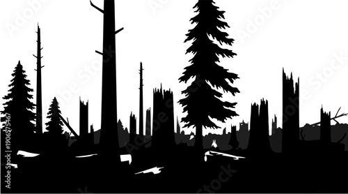 Deforestation and dead forest silhouette background with cut tree stumps and broken trunks