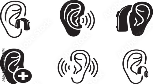 A collection of ear icons illustrating different hearing aid devices and sound waves on a white background