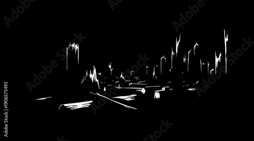 Deforestation and dead forest silhouette background with cut tree stumps and broken trunks