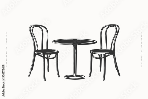 Vintage bistro table with two classic bentwood chairs. Hand-drawn black and white vector illustration. Café furniture sketch for design and print
