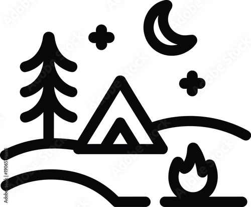 Simple line icon depicts a nighttime camping scene featuring a tent, tree, campfire, and crescent moon.
