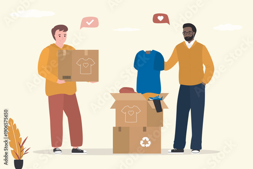 Volunteers collecting unwanted clothing. donating to charity. Handsome man insert clothes in street container for social humanitarian aid. Eco friendly production. Garment reuse,