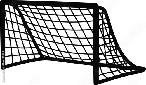 Black silhouette drawing of an empty soccer goal net stands ready for a sporting competition on a white surface.