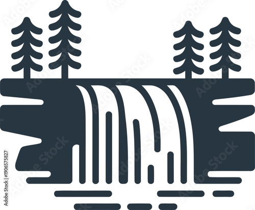 Iconic dark silhouette graphic represents a wide waterfall cascading over a layered cliff into water below.