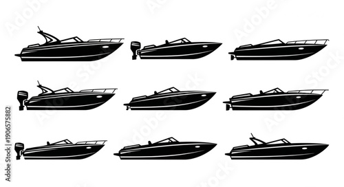 Collection of Speedboat Silhouettes on White Background.