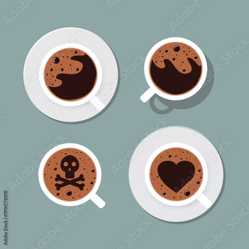 Cup of coffee with foam. hot morning coffee mug. Top view. Set of white mugs and saucers. Coffee break. harmful habit.