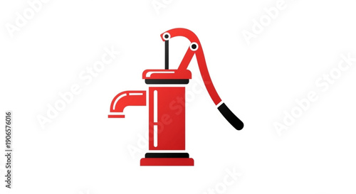 Red manual water pump with handle and spout on white background for irrigation or drinking water supply