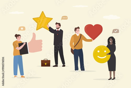 Customer reviews, comments on products and services. People holding icons to express their feelings. Positive emotions, reviews, testimonials. Feedback for customer service rating