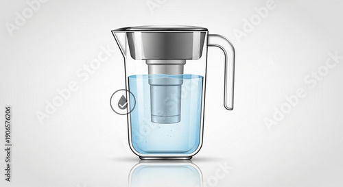 Water filter pitcher with blue liquid and stainless steel top on white background for clean drinking