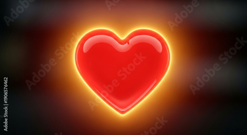 Glowing red heart with yellow neon light on dark background symbolizing love and passion