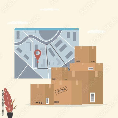 Express cardboard boxes and map with navigation. Parcel shipment. Fast and accurate delivery. Pile of boxes and geolocation point on map. Logistic, shipping.
