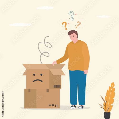 Delivery problem. Unhappy client standing near opened box. Cardboard box with negative emoji. Product damage during transportation, delivery errors. Broken goods