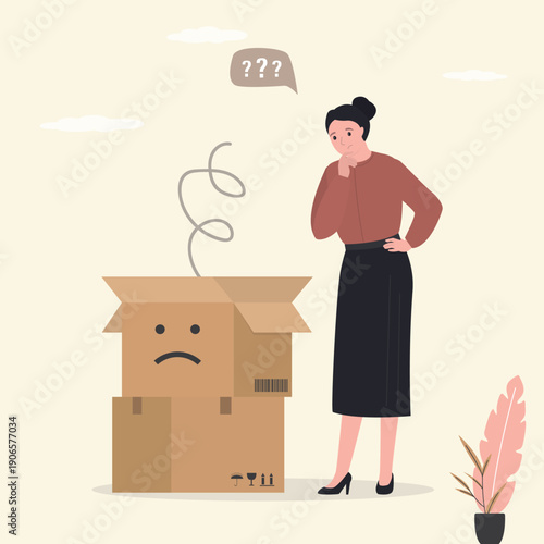 Delivery problem. Unhappy woman client standing near opened box. Cardboard box with negative emoji. Product damage during transportation, delivery errors. Broken goods.