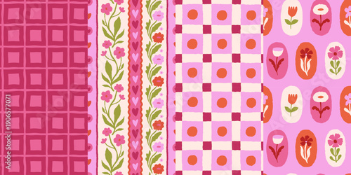 Vector set of seamless patterns, abstract hand-drawn quirky doodles,  love theme wallpapers, Valentine's day decorative wrapping paper and textile backgrounds with hearts and flowers